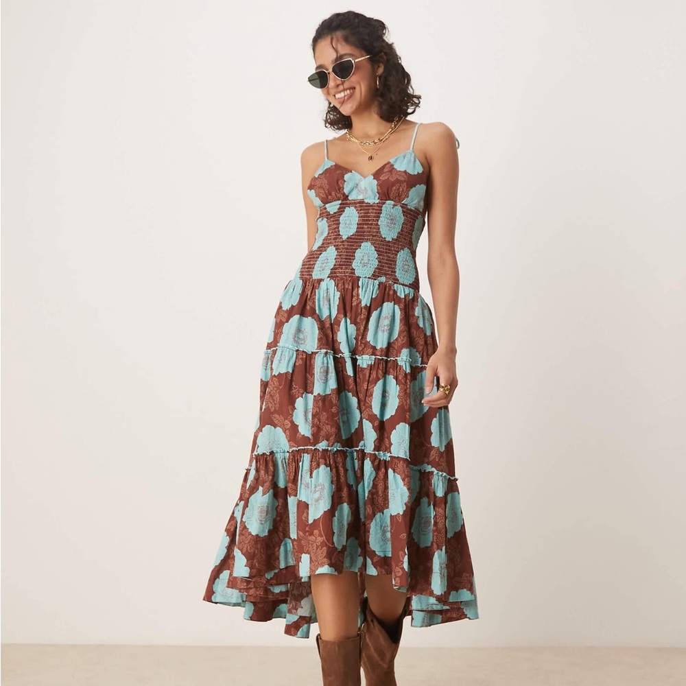 Free People Brown and Aqua Floral Tiered Midi Dress